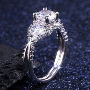 🍁 Super Dainty Engagement/Wedding Three Pure Gemstones Silver Rings, VIP279